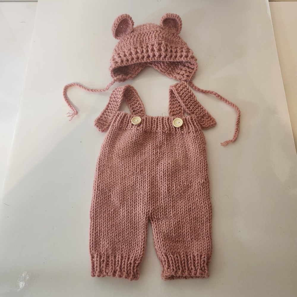 Handmade Knit Baby Newborn Photo Prop Set Bear Ear Bonnet Overalls Dusty Rose